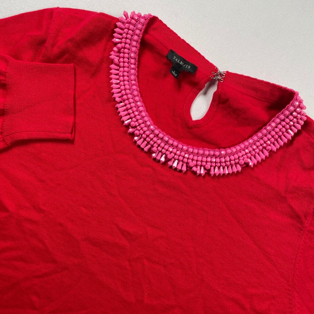 Talbots Red Beaded Neckline Sweater‎ Pink Beads Keyhole Back Long Sleeve L